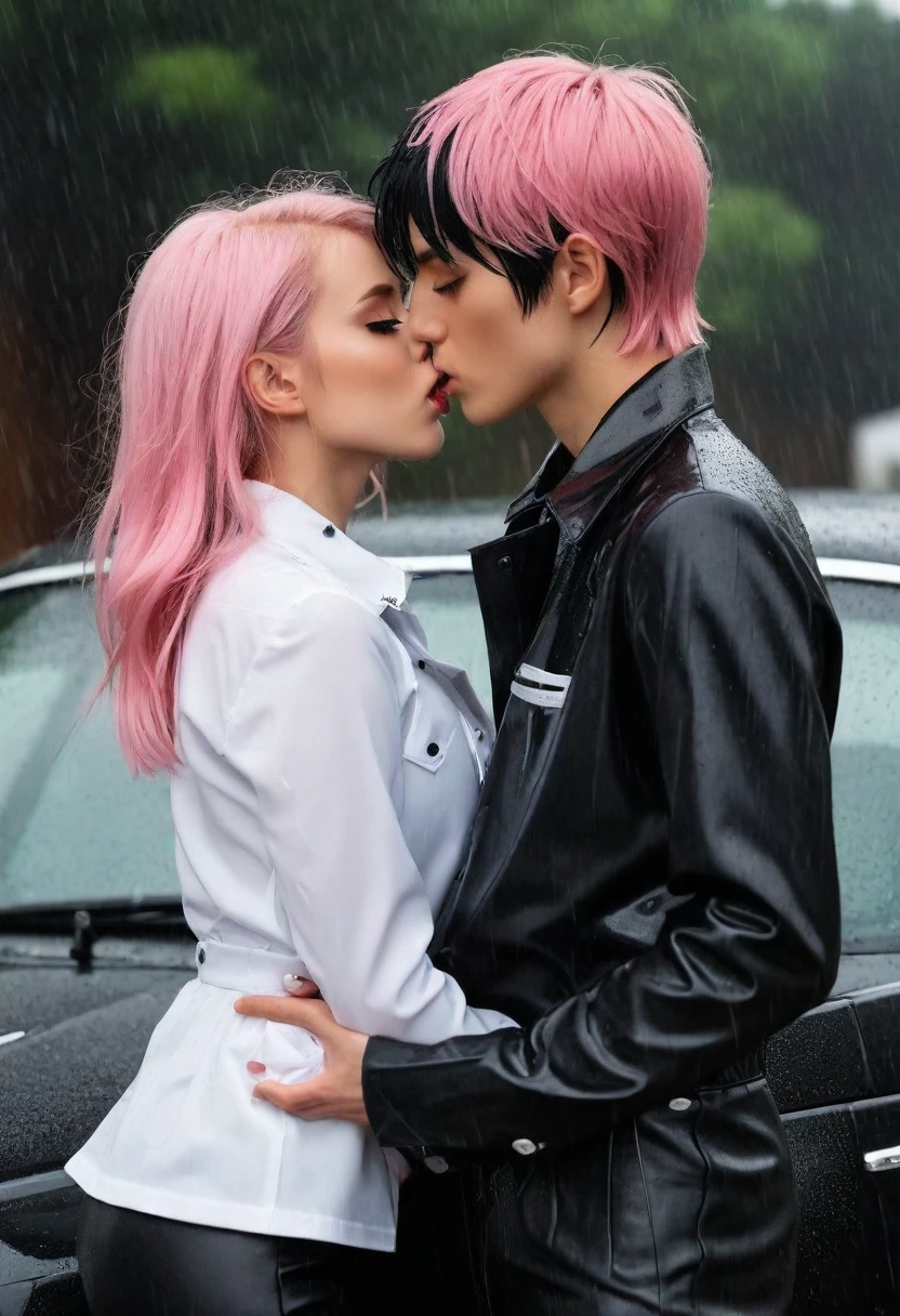 Masterpiece, Best Quality, Super detailed, illustartion, beautiful detail eyes, close up, with a boy and a girl. It was pink hair, White pleated shirt, cracked button on the chest, Upskirt. The boy has black hair, black catsuit, Black pants. Boys and girls kissing in the car, Severe rainy weather