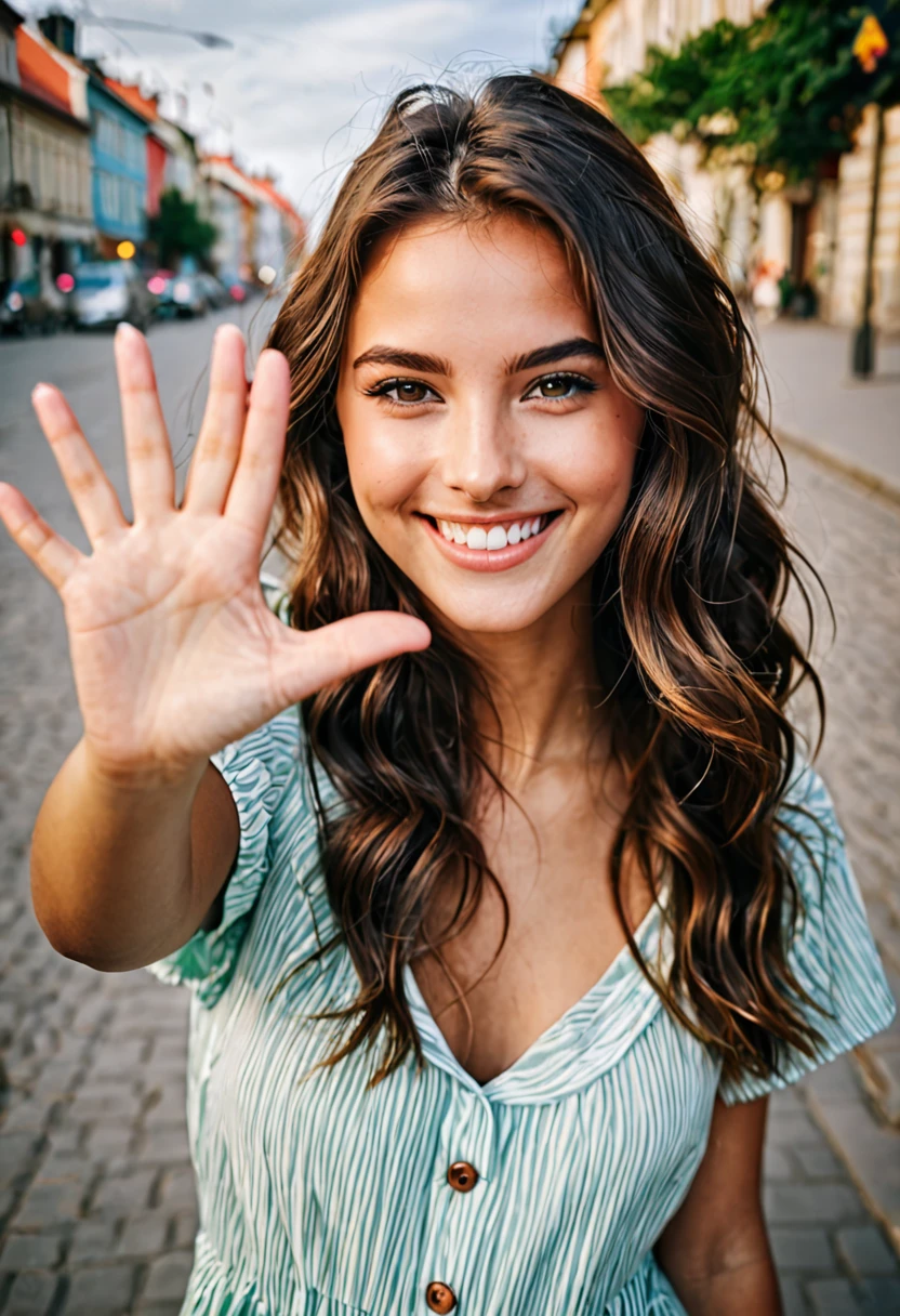 very beautiful girl, waves his hand at the camera, smiling.