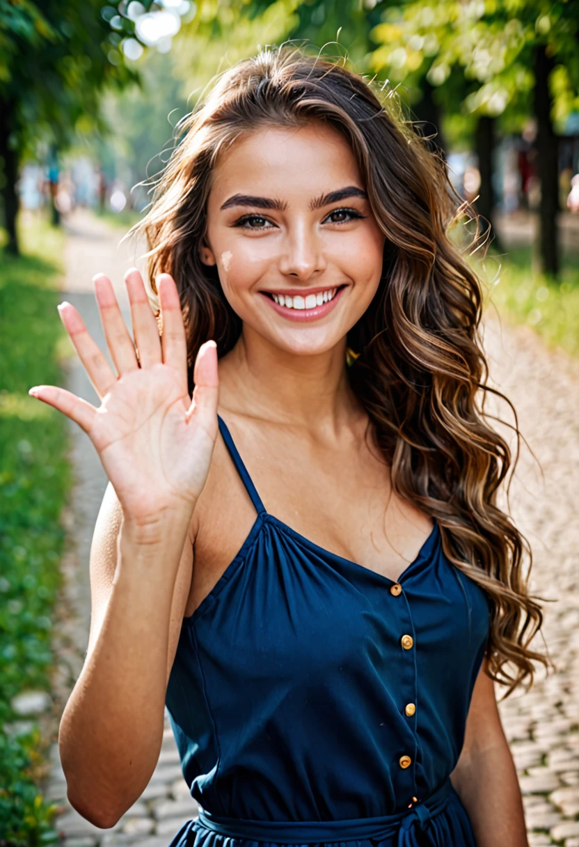 very beautiful girl, waves his hand at the camera, smiling.