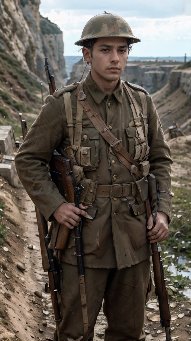 (masterpiece), best quality, expressive eyes, perfect face, cliffs, man, trenches, dirty, uniform, realistic, HD, Rifle, Enfield rifle, Gallipoli, hill climb, bayonet, dusk