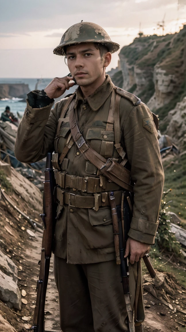 (masterpiece), best quality, expressive eyes, perfect face, cliffs, man, trenches, dirty, uniform, realistic, HD, Rifle, Enfield rifle, Gallipoli, hill climb, bayonet, dusk