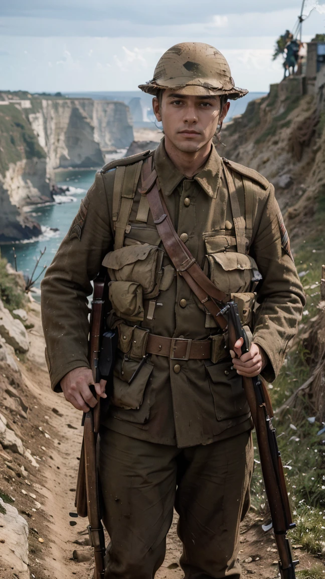 (masterpiece), best quality, expressive eyes, perfect face, cliffs, man, trenches, dirty, uniform, realistic, HD, Rifle, Enfield rifle, Gallipoli, hill climb, bayonet, dusk
