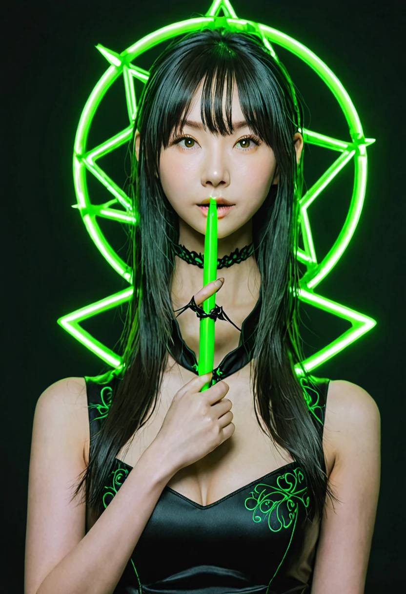 best quality, masterpiece, Ultra-high resolution, photoactual, 1 girl, alone, Upper Body, hand舉至唇邊,looking at the audience, Studio Lighting, actual, photoactual, Top of crop, Fluorescent green, A secret society of powerful witches,hand