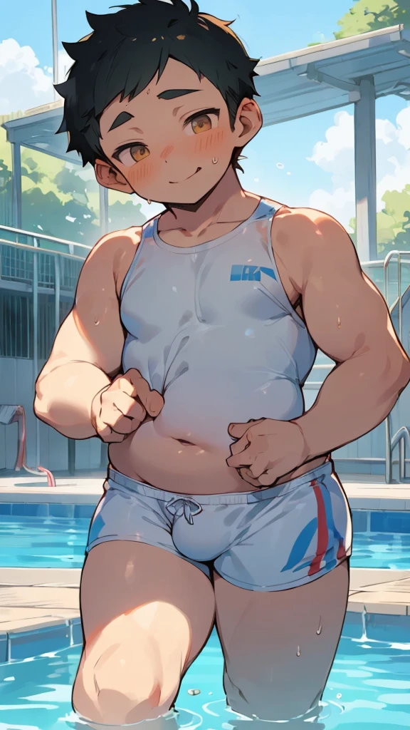 beautiful, ((chubby)), (very short hair),(tomboy), (breast) (pudgy face), (naughty) (high school students) , (plump), ((young)), (androgynous), (boyish), (handsome), (thick), (shota), ((overweight)), (by hinahara hajime), ((by daichi kouta)), (beefy), (pool in school), (cute), (little brat), (naughty brat), (へそ), (ぽっちゃりした体), (belly), (swimsuits), (sexy), (thighs)