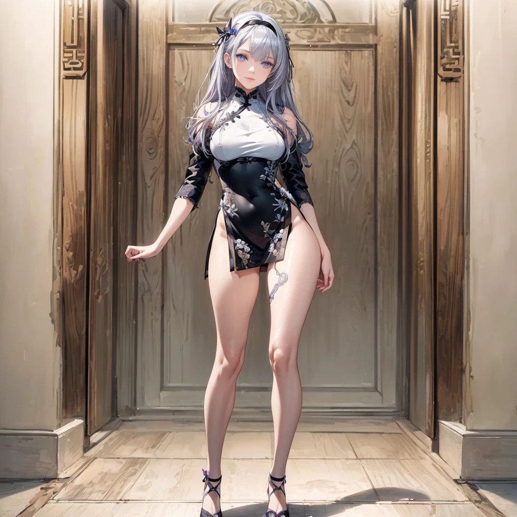 ((1girl, solo)), beautiful body, (perfect anatomy, perfect body, perfect hands, perfect legs), natural proportions, sexy body, large breasts, ((full body, full body front)) BREAK

((extremely detailed face)), (beautiful detailed eyes:1.6), (realistic pupils, realistic iris:1), expressive eyes, looking at viewer, (clear eyes:1.3), (hyperrealistic:1.2), (detailed skin texture:1.2), smooth skin, ((purple eyes)), ((silver hair)), silver hair with blue tips, long hair, (hairband:1.3), ((black hairband)), bangs, ((hair ornament)), (detailed lips:1.2), (attractive lips:1.1), (glossy lips:1), perfect face, perfect eyes BREAK

(masterpiece:1.5), anime-style, top quality, best quality, (beautiful and aesthetic:1.2), (ultra detail:1.5), Ultra-detailed depiction, Ultra-precise depiction, extremely detailed 8k illustration, high resolution, (highly detailed shading:1.2), (realistic lighting:1.4), perfect lighting, vibrant colors, dynamic tones, striking hues, 8k, absurd resolution, perfect shadows, hdr, UHD, ambient lighting, realistic, ultra-realistic, photo realistic, highly detailed, rich detail, luminous colors, fine texture, intricate design, professional illustration, (soft light:1.2), (illustration:0.7)