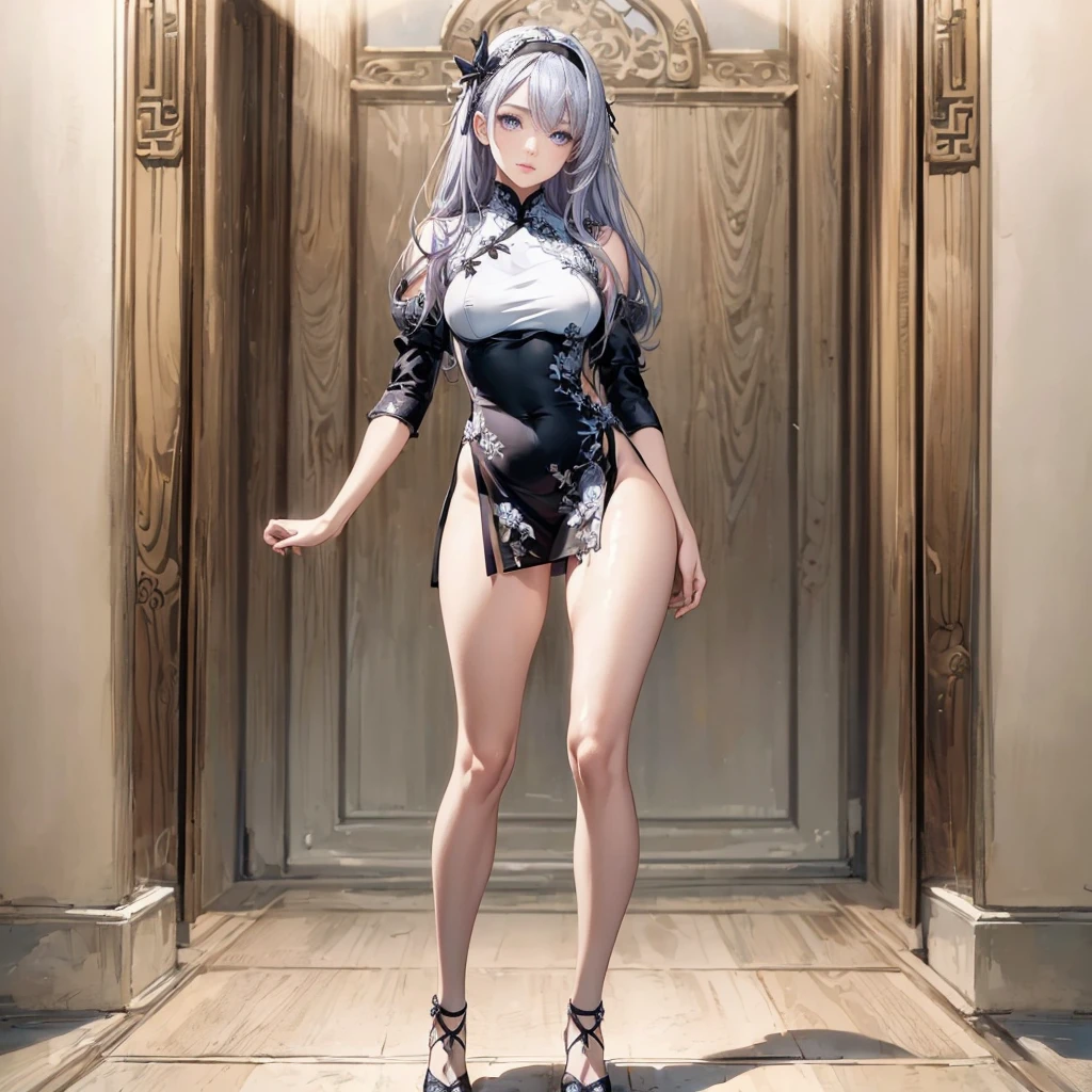 ((1girl, solo)), beautiful body, (perfect anatomy, perfect body, perfect hands, perfect legs), natural proportions, sexy body, large breasts, ((full body, full body front)) BREAK

((extremely detailed face)), (beautiful detailed eyes:1.6), (realistic pupils, realistic iris:1), expressive eyes, looking at viewer, (clear eyes:1.3), (hyperrealistic:1.2), (detailed skin texture:1.2), smooth skin, ((purple eyes)), ((silver hair)), silver hair with blue tips, long hair, (hairband:1.3), ((black hairband)), bangs, ((hair ornament)), (detailed lips:1.2), (attractive lips:1.1), (glossy lips:1), perfect face, perfect eyes BREAK

(masterpiece:1.5), anime-style, top quality, best quality, (beautiful and aesthetic:1.2), (ultra detail:1.5), Ultra-detailed depiction, Ultra-precise depiction, extremely detailed 8k illustration, high resolution, (highly detailed shading:1.2), (realistic lighting:1.4), perfect lighting, vibrant colors, dynamic tones, striking hues, 8k, absurd resolution, perfect shadows, hdr, UHD, ambient lighting, realistic, ultra-realistic, photo realistic, highly detailed, rich detail, luminous colors, fine texture, intricate design, professional illustration, (soft light:1.2), (illustration:0.7)