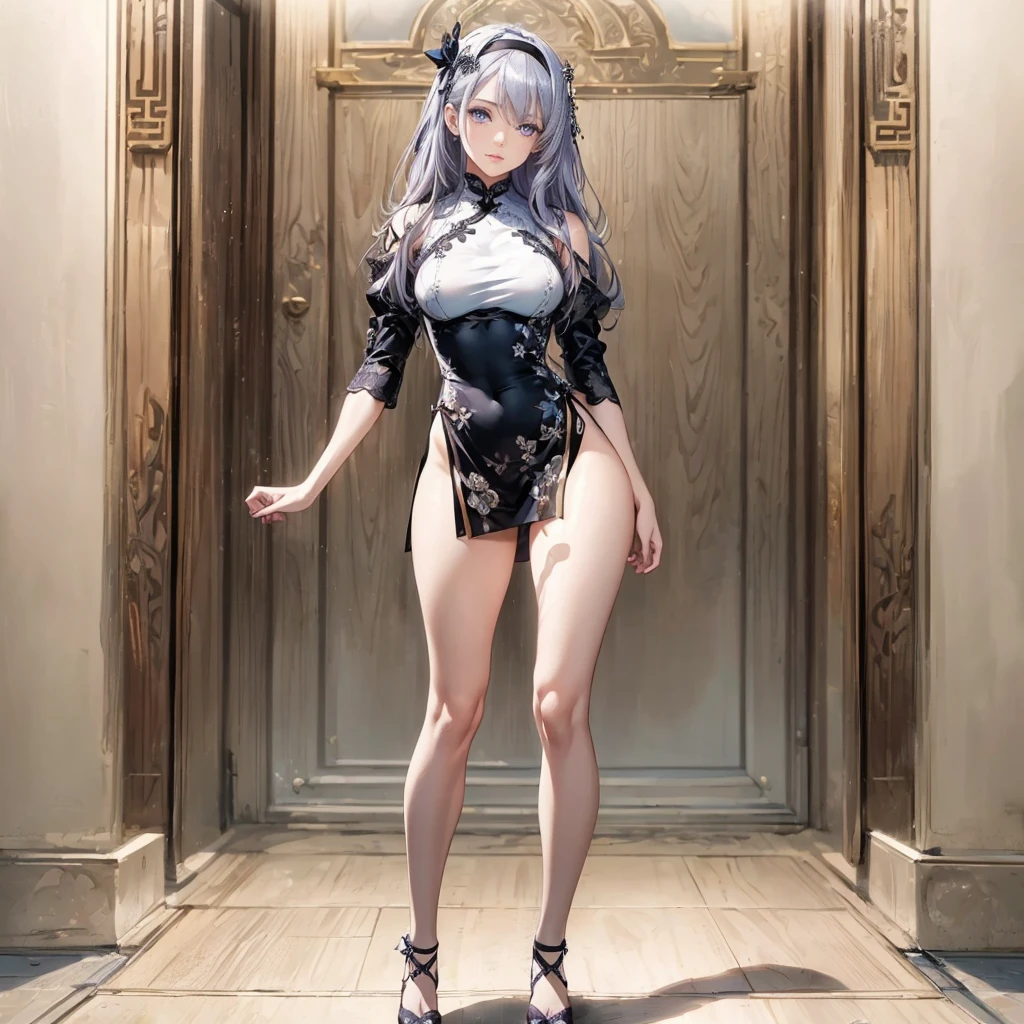 ((1girl, solo)), beautiful body, (perfect anatomy, perfect body, perfect hands, perfect legs), natural proportions, sexy body, large breasts, ((full body, full body front)) BREAK

((extremely detailed face)), (beautiful detailed eyes:1.6), (realistic pupils, realistic iris:1), expressive eyes, looking at viewer, (clear eyes:1.3), (hyperrealistic:1.2), (detailed skin texture:1.2), smooth skin, ((purple eyes)), ((silver hair)), silver hair with blue tips, long hair, (hairband:1.3), ((black hairband)), bangs, ((hair ornament)), (detailed lips:1.2), (attractive lips:1.1), (glossy lips:1), perfect face, perfect eyes BREAK

(masterpiece:1.5), anime-style, top quality, best quality, (beautiful and aesthetic:1.2), (ultra detail:1.5), Ultra-detailed depiction, Ultra-precise depiction, extremely detailed 8k illustration, high resolution, (highly detailed shading:1.2), (realistic lighting:1.4), perfect lighting, vibrant colors, dynamic tones, striking hues, 8k, absurd resolution, perfect shadows, hdr, UHD, ambient lighting, realistic, ultra-realistic, photo realistic, highly detailed, rich detail, luminous colors, fine texture, intricate design, professional illustration, (soft light:1.2), (illustration:0.7)