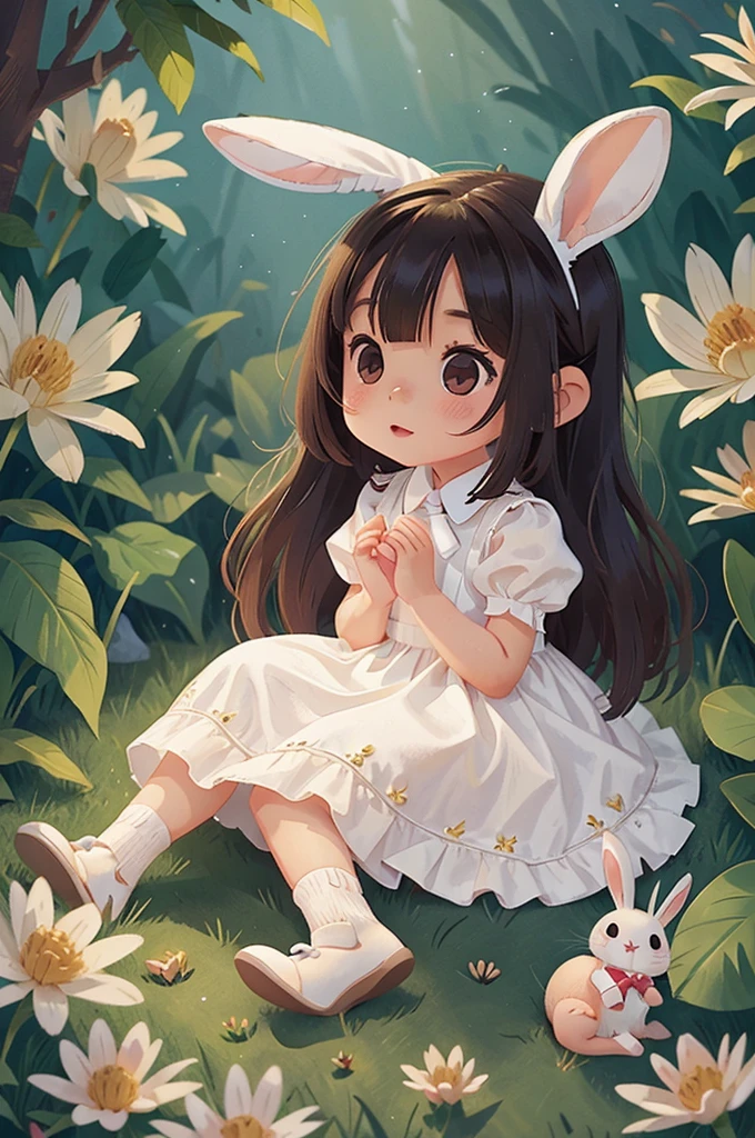 5 year old little girls with long rabbit ears、Little Bunny Girl、White thin silk dress、Anime Style