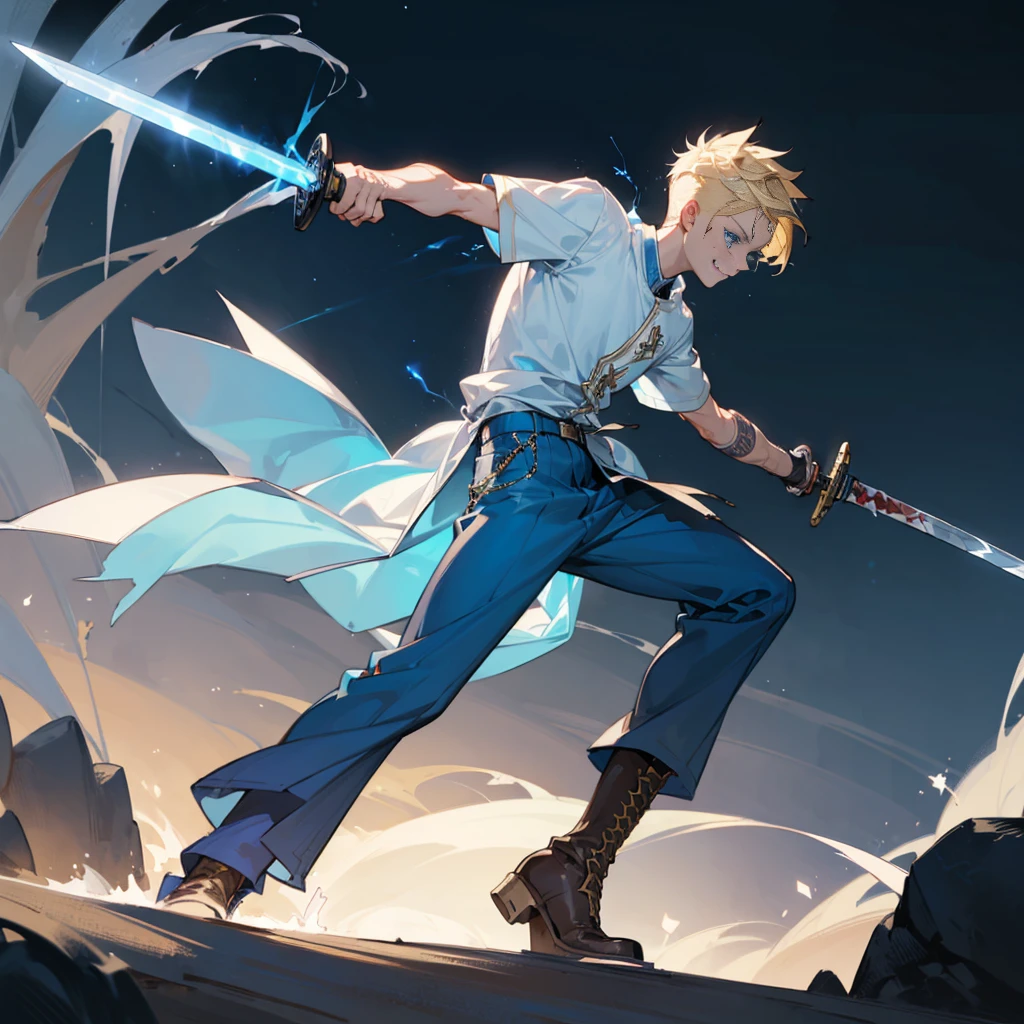1character, Full body version, Viking boys, 1boys, albino skins, blue eyes, faux hawk hair, blonde colour hair, blue short sleeve shirt, blue trousers, boots, His clothes were full of blood, his face was flowing with blood, his hands were bleeding, he had wounds, his face was bleeding, his body was bleeding, ((long sword in hand, in a fighting pose, the long sword emits blue light, lightning flashes in the blade)), Grassroots, full background in a wide field, gusts of wind, the silhouette of moonlight, the moon, at night, the stars in the night sky