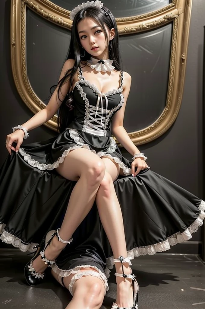 m4id0utf1t, 1girl, crossing legs, sitting, long hair, high heels