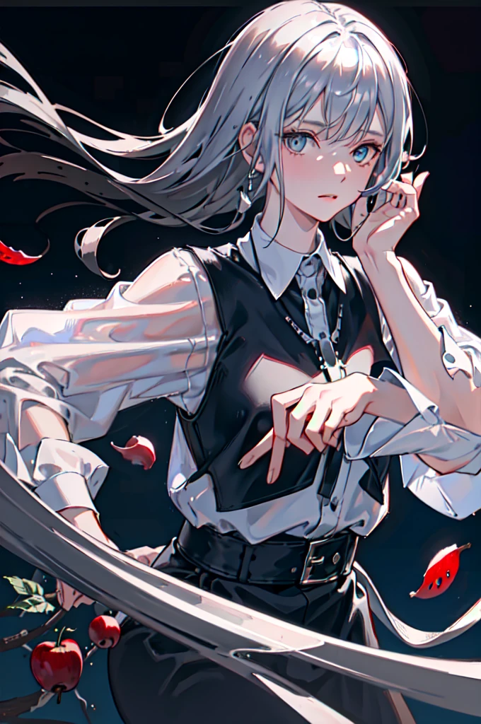 1 man, apple in hand, leather messenger bag, messy bangs, handful of wild berries, long black hair, black collared shirt, piercing blue eyes, hair falling between eyes, delicate jewelry, fallen leaf, direct eye contact with viewer, warm loving expression, sole subject, silver chain necklace, fitted white pants, classic collared casual shirt, solo portrait, silver wristwatch, tousled unkempt hair, trending on Artstation, 8K high resolution, highly detailed and realistic, anatomically correct facial features, crisp sharp focus, elegant digital painting, beautiful cinematic concept art style, trending on Pixiv, resembling the serene and dreamlike art of Makoto Shinkai