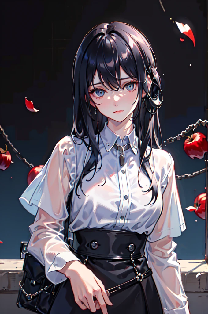1 man, apple in hand, leather messenger bag, messy bangs, handful of wild berries, long black hair, black collared shirt, piercing blue eyes, hair falling between eyes, delicate jewelry, fallen leaf, direct eye contact with viewer, warm loving expression, sole subject, silver chain necklace, fitted white pants, classic collared casual shirt, solo portrait, silver wristwatch, tousled unkempt hair, trending on Artstation, 8K high resolution, highly detailed and realistic, anatomically correct facial features, crisp sharp focus, elegant digital painting, beautiful cinematic concept art style, trending on Pixiv, resembling the serene and dreamlike art of Makoto Shinkai