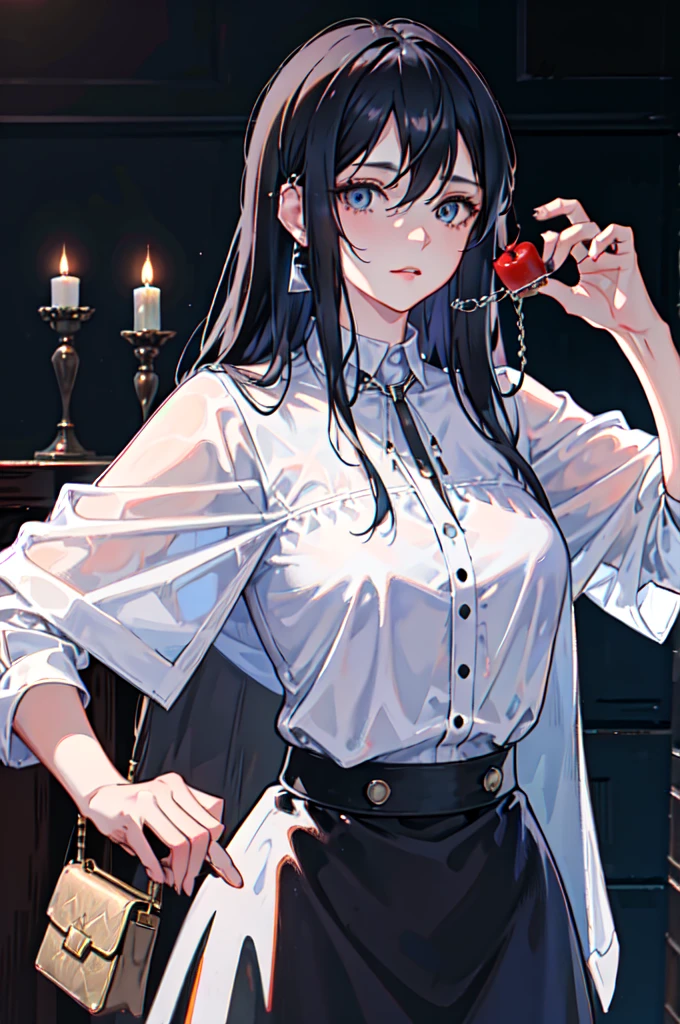 1 man, apple in hand, leather messenger bag, messy bangs, handful of wild berries, long black hair, black collared shirt, piercing blue eyes, hair falling between eyes, delicate jewelry, fallen leaf, direct eye contact with viewer, warm loving expression, sole subject, silver chain necklace, fitted white pants, classic collared casual shirt, solo portrait, silver wristwatch, tousled unkempt hair, trending on Artstation, 8K high resolution, highly detailed and realistic, anatomically correct facial features, crisp sharp focus, elegant digital painting, beautiful cinematic concept art style, trending on Pixiv, resembling the serene and dreamlike art of Makoto Shinkai