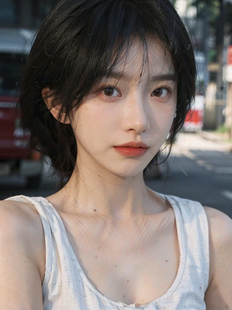 (smooth skin textures:1.3), Lipstick, Upper body,Upper Body,background, earrings, serene, calm, (Dress conservatively:1.6),(Realistic and detailed eyes:1.2), Natural skin texture, Realistic facial details, Soft dramatic lighting, Vivid details, outdoor, (Photo Practical:1.4), (hyper Practical:1.4), (Practical:1.3), (Improve lighting quality:0.9), (Highest quality real skin textures:1.4), (Enhance the beauty of skin texture:1.1), Hair details, model, short hair, Moles under the eyes, Portrait Photography, Depth of Field, Bokeh, Surrealism, Ray Tracing, (Portrait Photography:1.1), Surrealism, High Detail, Chiaroscuro, Ray Tracing, reflected light, Ultra HD, Ultra HD, masterpiece, Textured Skin, Super Detail, High Detail, high quality, best quality