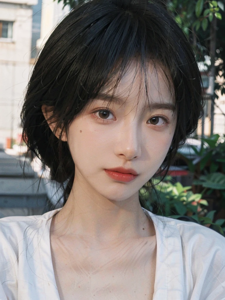 (smooth skin textures:1.3), Lipstick, Upper body，Upper Body，background, earrings, serene, calm, （Dress conservatively：1.6），(Realistic and detailed eyes：1.2）, Natural skin texture, Realistic facial details, Soft dramatic lighting, Vivid details, outdoor, (Photo Practical:1.4), (hyper Practical:1.4), (Practical:1.3), (Improve lighting quality:0.9), (Highest quality real skin textures:1.4), (Enhance the beauty of skin texture:1.1), Hair details, model， short hair, Moles under the eyes, Portrait Photography, Depth of Field, Bokeh, Surrealism, Ray Tracing, (Portrait Photography:1.1), Surrealism, High Detail, Chiaroscuro, Ray Tracing, reflected light, Ultra HD, Ultra HD, masterpiece, Textured Skin, Super Detail, High Detail, high quality, best quality