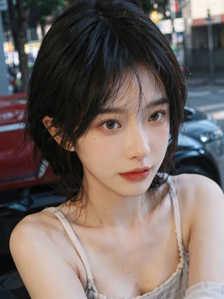 (smooth skin textures:1.3), Lipstick, Upper body,Upper Body,background, earrings, serene, calm, (Dress conservatively:1.6),(Realistic and detailed eyes:1.2), Natural skin texture, Realistic facial details, Soft dramatic lighting, Vivid details, outdoor, (Photo Practical:1.4), (hyper Practical:1.4), (Practical:1.3), (Improve lighting quality:0.9), (Highest quality real skin textures:1.4), (Enhance the beauty of skin texture:1.1), Hair details, model, short hair, Moles under the eyes, Portrait Photography, Depth of Field, Bokeh, Surrealism, Ray Tracing, (Portrait Photography:1.1), Surrealism, High Detail, Chiaroscuro, Ray Tracing, reflected light, Ultra HD, Ultra HD, masterpiece, Textured Skin, Super Detail, High Detail, high quality, best quality