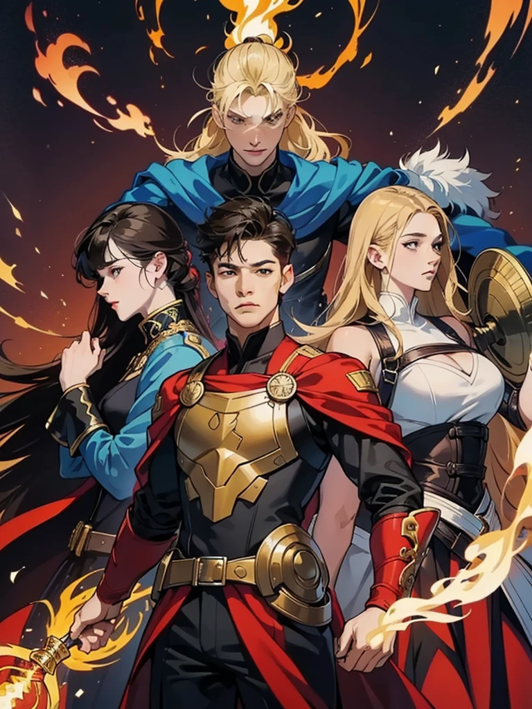 Confident and charismatic young man 25 years old, surrounded by two powerful and diverse women., Reminiscent of iconic Avengers posters. A young man stands in the center, Exuding a sense of leadership and strength, while women surround him with determined expressions and unique abilities. Every woman is a different archetype, from a brilliant scientist to a skilled warrior, and each of them has their own distinctive costumes and characters.. The composition should convey cohesion and teamwork., when they come together to solve a common problem. The artistic style should reflect the essence of the heroic and dynamic ensemble, the guy in the center should have dark magic burning in his hands.