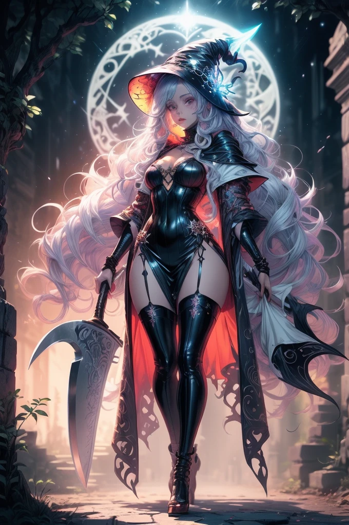 a woman in a witch costume holding a large axe, fashionable dark witch, dark witch character, astral witch clothes, fantasy art style, dark witch, anime fantasy illustration, beautiful ancient frost witch, beautiful celestial mage, anime fantasy artwork, a beautiful sorceress, from arknights, bright witch, beautiful wizard, /!\ the sorceress, by Yang J