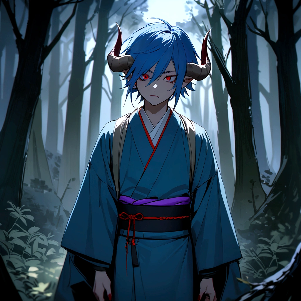 Beautiful 18 year old boy,Long blue hair,Two demon horns growing from his head.Wearing a Japanese kimono.nails are long,The fangs are sharp,Clothes with blood.Standing in the woods.