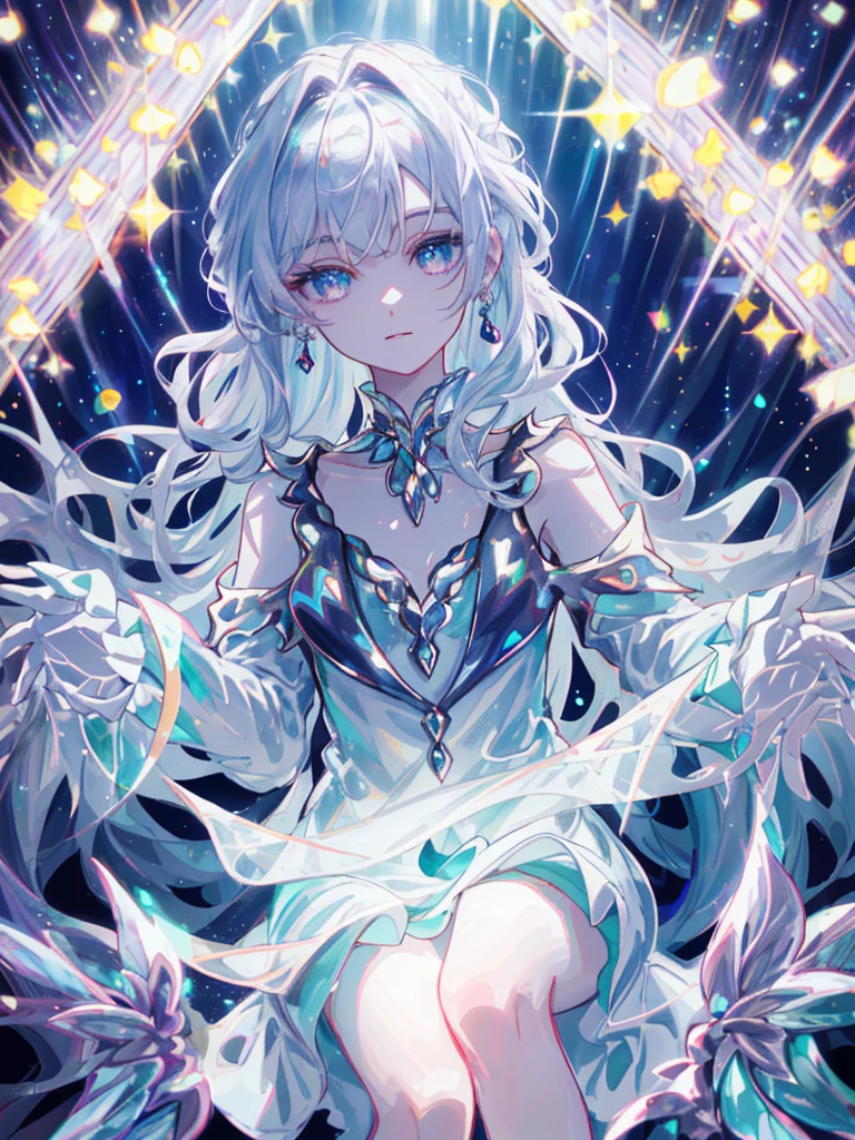 masterpiece, highest quality, figure, alexandrite eyes and hair, platinum earrings, Platinum Necklace, white dress, The Little Mermaid, cute, (dynamic lighting:1.2), cinematic lighting, delicate features, fine eyes, sharp pupils, realistic student, Depth of bounds written, Bokeh, sharp focus, (very detailed, bloom, shine:1.4), Many Small Gems, hot girl