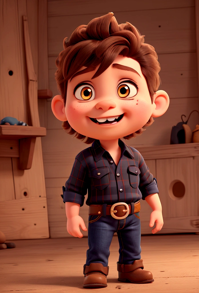 Baby cartoon character, with only two teeth, His cowboy clothes are a black plaid shirt and blue jeans., on the belt a buckle and a brown boot, brown hair and eyes