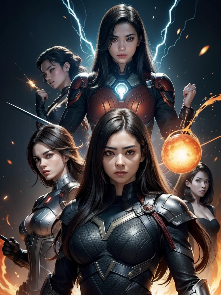 Confident and charismatic young man 25 years old, surrounded by two powerful and diverse women., Reminiscent of iconic Avengers posters. A young man stands in the center, Exuding a sense of leadership and strength, while women surround him with determined expressions and unique abilities. Every woman is a different archetype, from a brilliant scientist to a skilled warrior, and each of them has their own distinctive costumes and characters.. The composition should convey cohesion and teamwork., when they come together to solve a common problem. The artistic style should reflect the essence of the heroic and dynamic ensemble, the guy in the center should have dark magic burning in his hands.