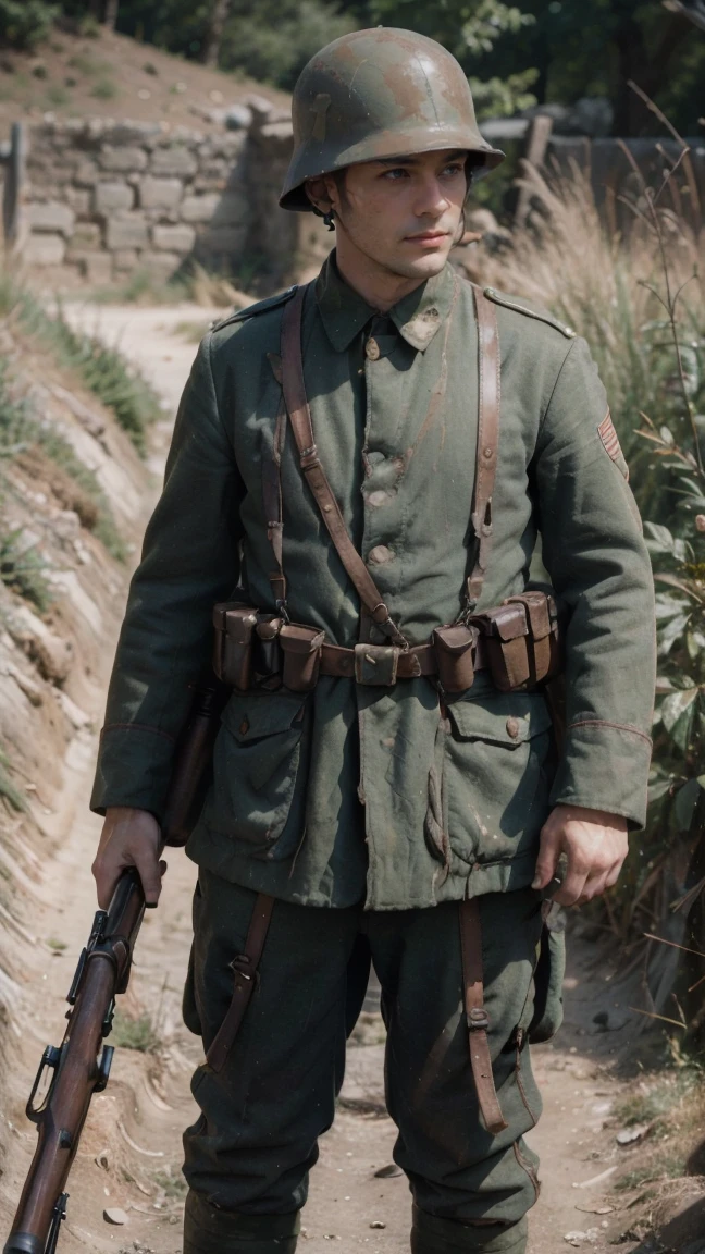 (masterpiece), best quality, expressive eyes, perfect face, All quiet on western Front, man, trenches, dirty, uniform, realistic, HD, Rifle, aiming rifle, somme, ww1, german, getting shot, wounded, pain