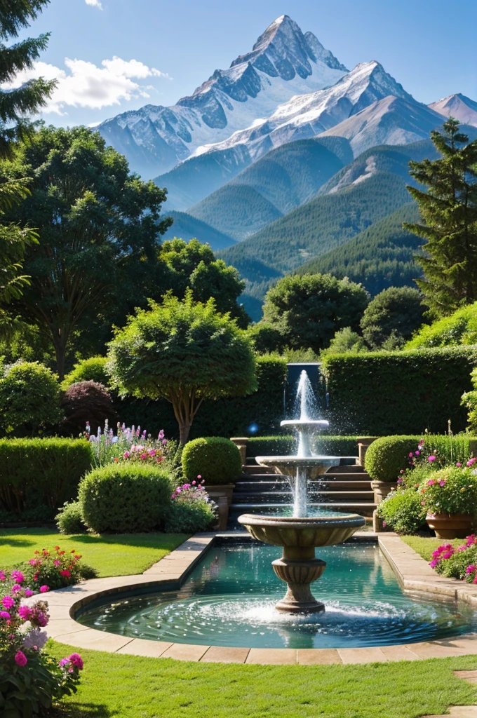 Beautiful garden background mountain with fountain