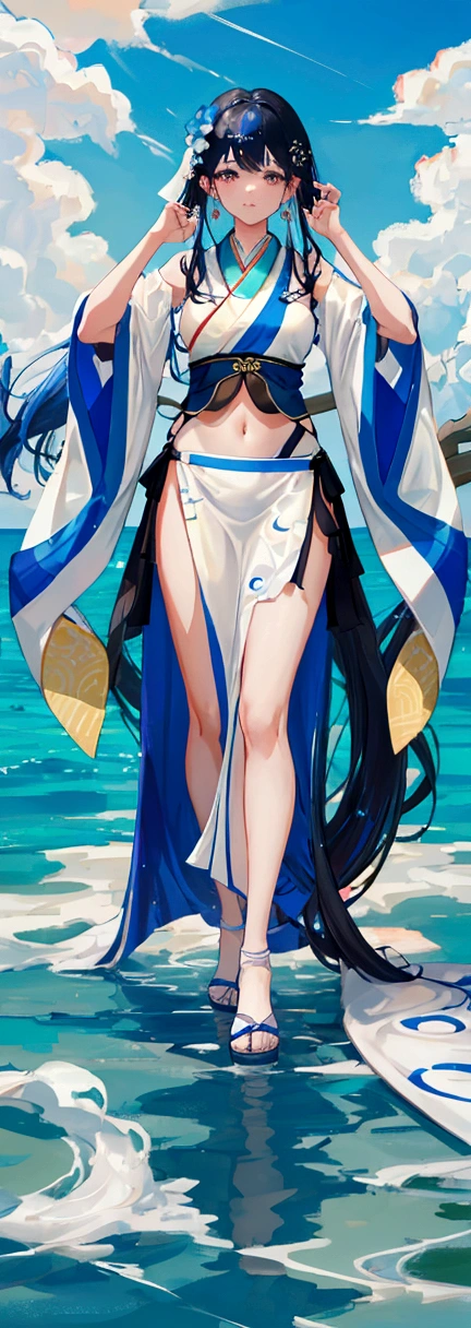 Hanfu(swimming suit),full body portrait,light wing earrings,long black hair,Blue hair ends are dyed,Center parted bangs,High heel,There are gorgeous wave patterns on the clothes,Navel exposed,Gorgeous water splash skirt,Intricate costume details