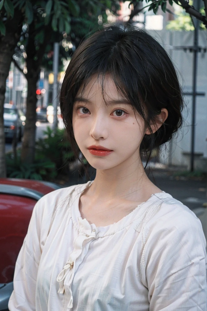 (smooth skin textures:1.3), Lipstick, Upper body,Upper Body,background, earrings, serene, calm, (Dress conservatively:1.6),(Realistic and detailed eyes:1.2), Natural skin texture, Realistic facial details, Soft dramatic lighting, Vivid details, outdoor, (Photo Practical:1.4), (hyper Practical:1.4), (Practical:1.3), (Improve lighting quality:0.9), (Highest quality real skin textures:1.4), (Enhance the beauty of skin texture:1.1), Hair details, model, short hair, Moles under the eyes, Portrait Photography, Depth of Field, Bokeh, Surrealism, Ray Tracing, (Portrait Photography:1.1), Surrealism, High Detail, Chiaroscuro, Ray Tracing, reflected light, Ultra HD, Ultra HD, masterpiece, Textured Skin, Super Detail, High Detail, high quality, best quality