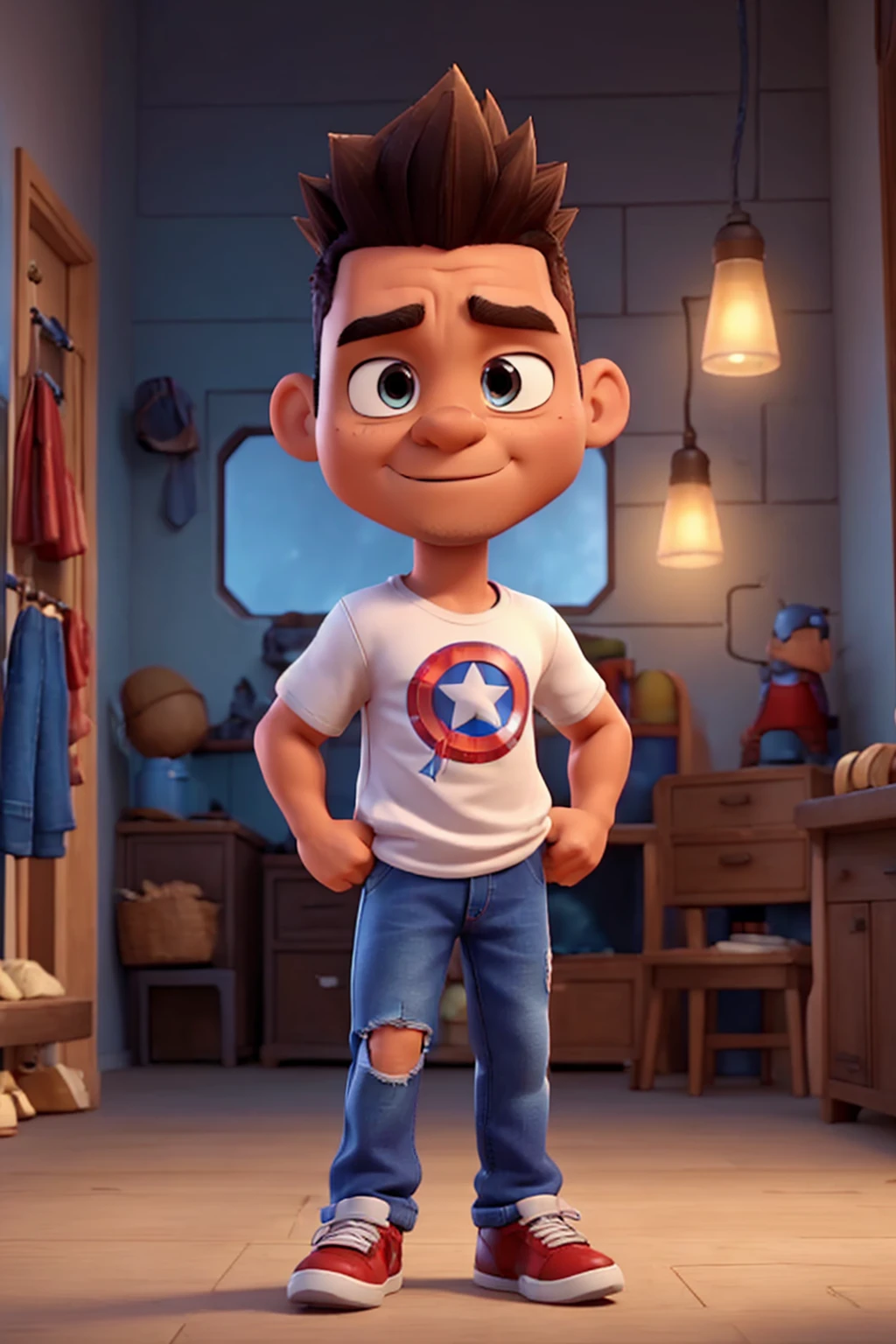 man 40 age, with light skin tone, spiked hair, Captain America t-shirt, jeans, old school sneakers, High definition, Pixar 3D style, with a doubtful expression, surrounded by the characters from the animation inside out