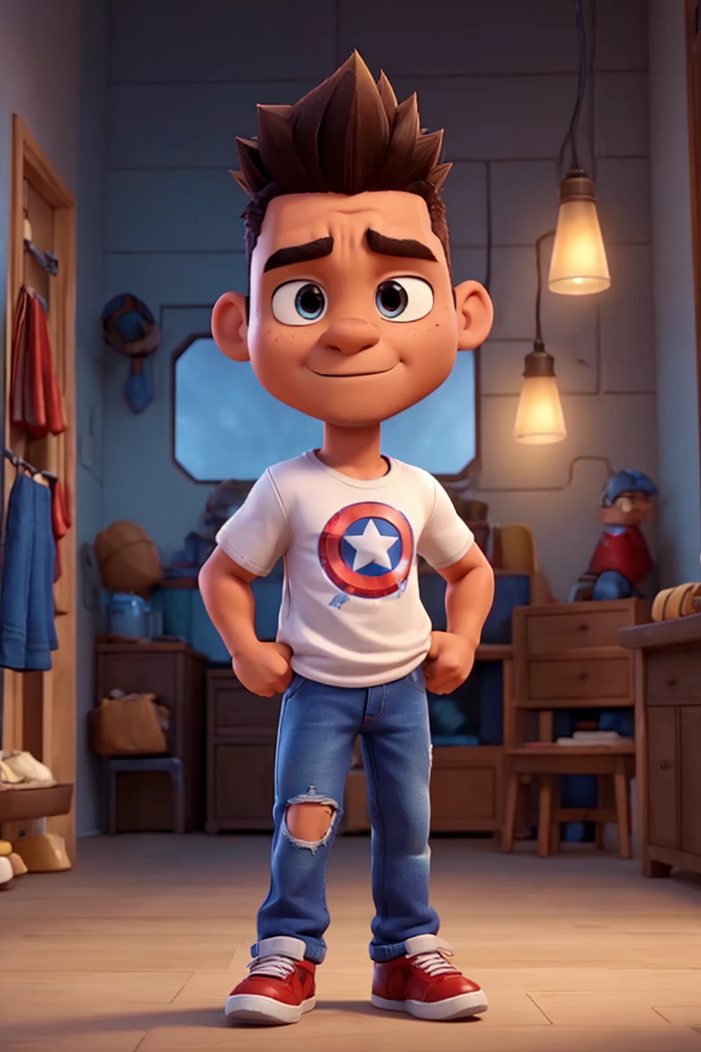 man 40 age, with light skin tone, spiked hair, Captain America t-shirt, jeans, old school sneakers, High definition, Pixar 3D style, with a doubtful expression, surrounded by the characters from the animation inside out