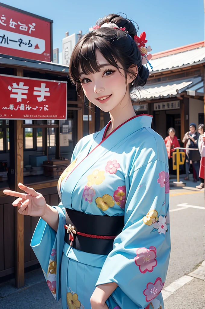A beautiful smiling woman in a kimono greets people with a cheerful "Good morning" as her arms open under the blue sky