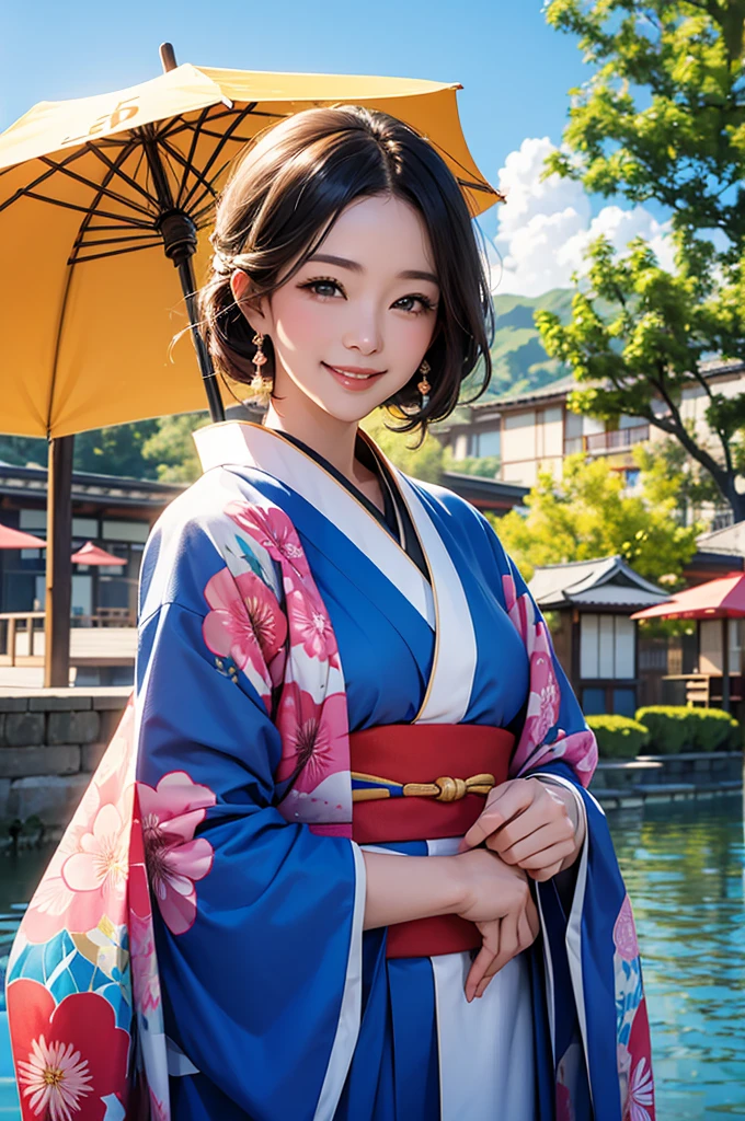 A beautiful smiling woman in a kimono greets people with a cheerful "Good morning" as her arms open under the blue sky