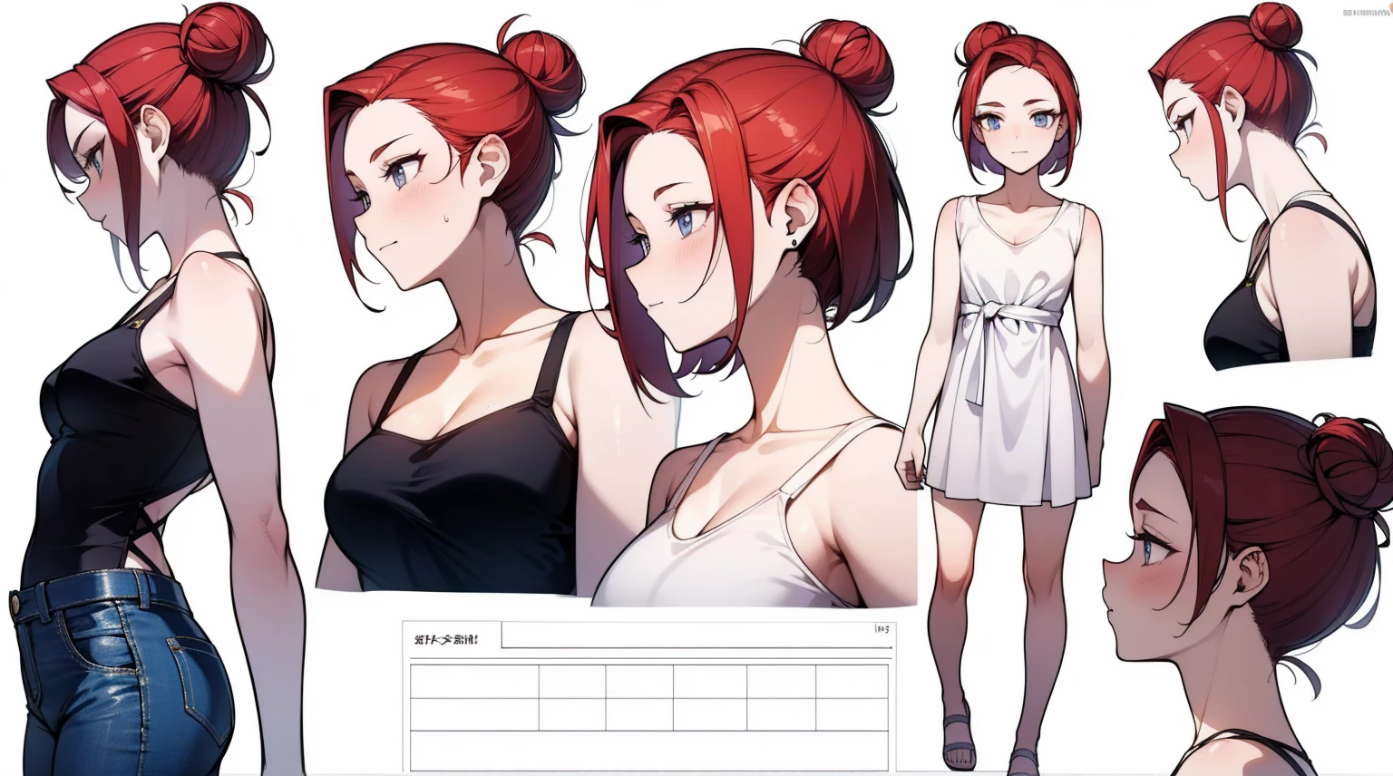 21 year old, redhead girl, armpit lenght hair (((happy flirty expression))) jeans and tight top, ((bun hairstyle)) (((detailed character sheet, frontal view, side view, three quarter view))),frontal face,casual dress