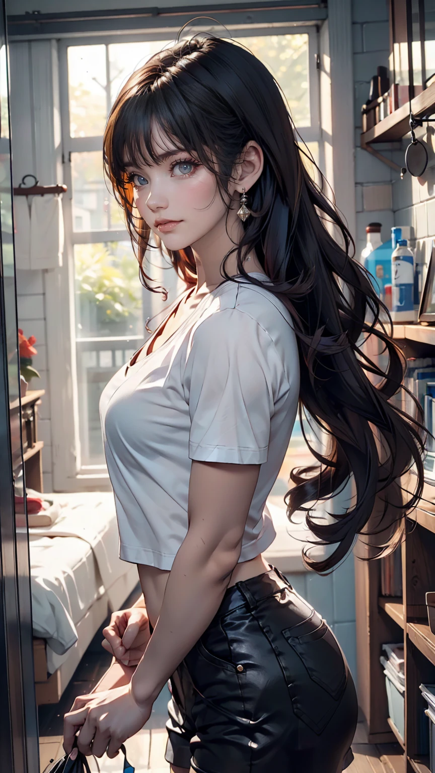 (8K, RAW Photos, Highest quality, masterpiece:1.2), (Realistic, photo-Realistic:1.37)、Earrings, eyelash, pantyhose、Sexy and provocative smile、 (Shiny skin:1.05)、Background blur((depth of field))、Venus Body、long hair、My hair is wavy、Side Tail((side drill))、No sleeve、Wear a T-shirt、Lower milk visible、Navel visible、Wear low rise hot pants、In the walk-in closet