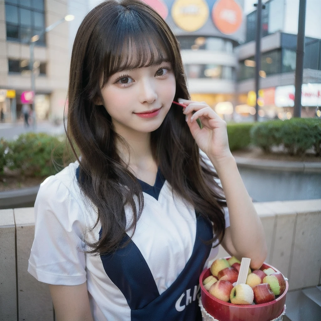 Portray a person with a cute hairstyle, sporting a sweet smile, while enjoying a candy apple, all depicted in the style of Japanese photography with hyper-realistic portraits. Dress the individual as a cheerleader and incorporate instruments typically used in an orchestra. Utilize a local cityscape as the background and experiment with shades and out-of-focus elements using an instant camera