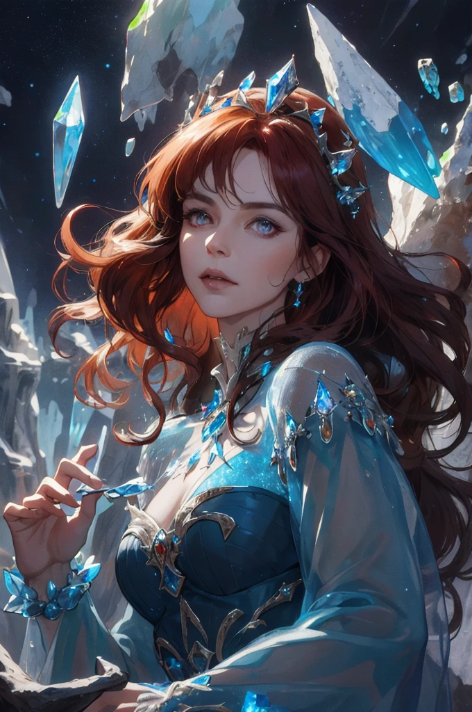 (absurdres, highres, ultra detailed), 1woman, mature female, aged up, wavy long hair, auburn hair, coral eyes, bangs, long sleeves, finely detailed eyes and detailed face, extremely detailed CG unity 8k wallpaper, intricate details, (style-swirlmagic:1.0), looking at viewer, solo, upper body, detailed background, close up, detailed face, (gothic dark ages theme:1.1), crystal sorcerer, dynamic pose, earth themed clothes, crystal crown, floating in the air, glowing magical shards, surrounded by blue magical crystals, rock formations, stalactites, magical floating particles, crystal glass, crystal sphere, crystal canyon background, (shallow water:0.7), epic ethereal atmosphere, updraft,, portrait