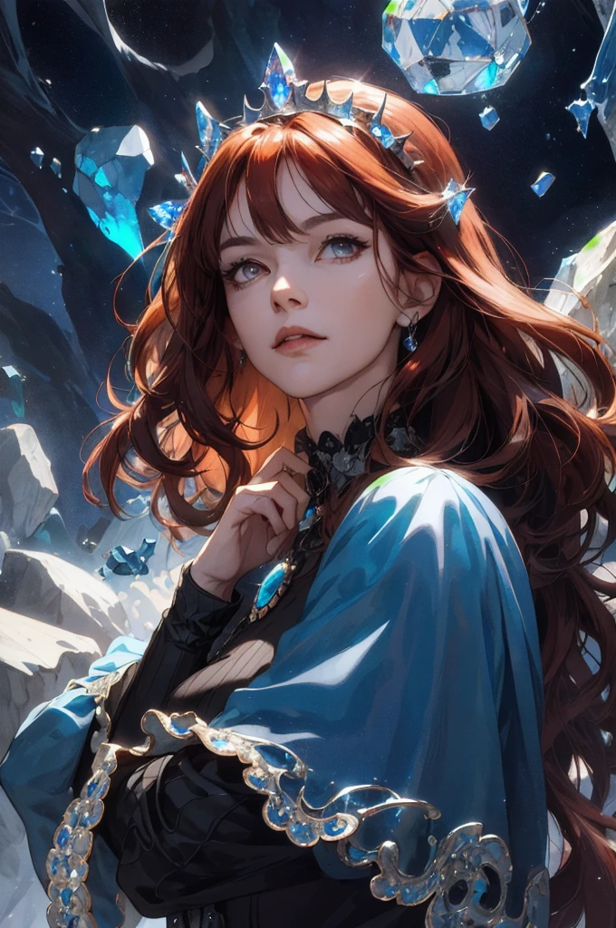 (absurdres, highres, ultra detailed), 1woman, mature female, aged up, wavy long hair, auburn hair, coral eyes, bangs, long sleeves, finely detailed eyes and detailed face, extremely detailed CG unity 8k wallpaper, intricate details, (style-swirlmagic:1.0),  looking at viewer, solo, upper body, detailed background, close up,  detailed face, (gothic dark ages theme:1.1), crystal sorcerer,  dynamic pose, earth themed clothes, crystal crown,  floating in the air, glowing magical shards, surrounded by blue magical crystals,  rock formations, stalactites,  magical floating particles, crystal glass,  crystal sphere, crystal canyon background, (shallow water:0.7),  epic ethereal atmosphere,   updraft,, portrait