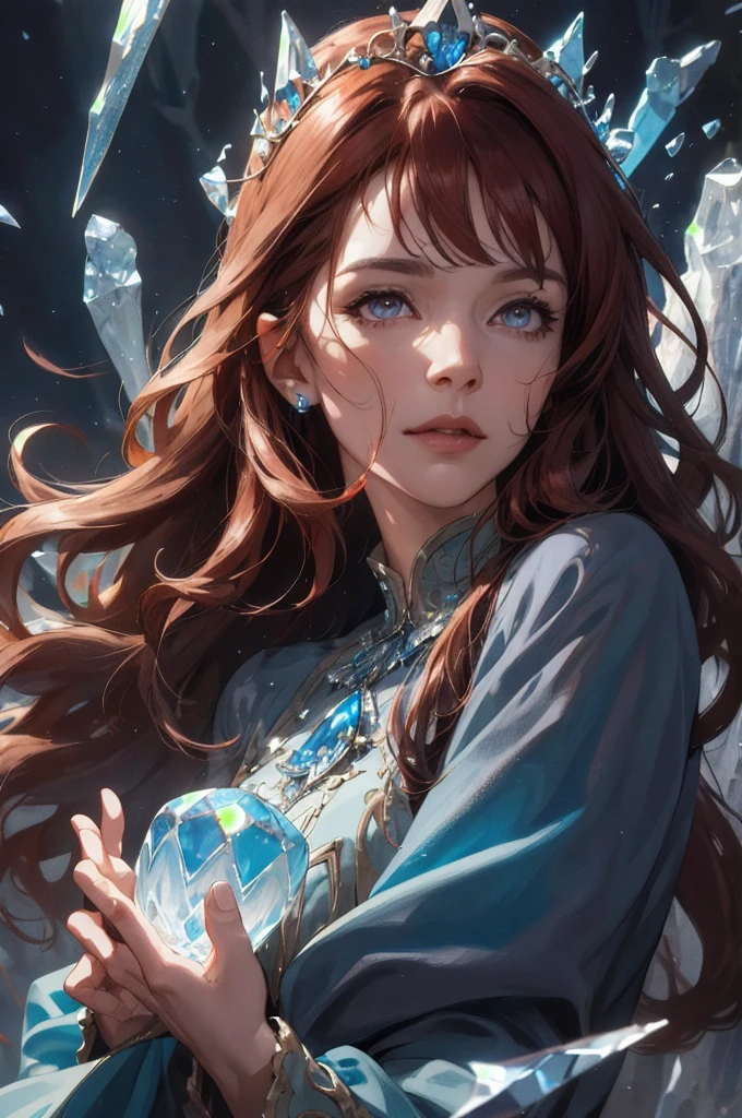 (absurdres, highres, ultra detailed), 1woman, mature female, aged up, wavy long hair, auburn hair, coral eyes, bangs, long sleeves, finely detailed eyes and detailed face, extremely detailed CG unity 8k wallpaper, intricate details, (style-swirlmagic:1.0),  looking at viewer, solo, upper body, detailed background, close up,  detailed face, (gothic dark ages theme:1.1), crystal sorcerer,  dynamic pose, earth themed clothes, crystal crown,  floating in the air, glowing magical shards, surrounded by blue magical crystals,  rock formations, stalactites,  magical floating particles, crystal glass,  crystal sphere, crystal canyon background, (shallow water:0.7),  epic ethereal atmosphere,   updraft,, portrait