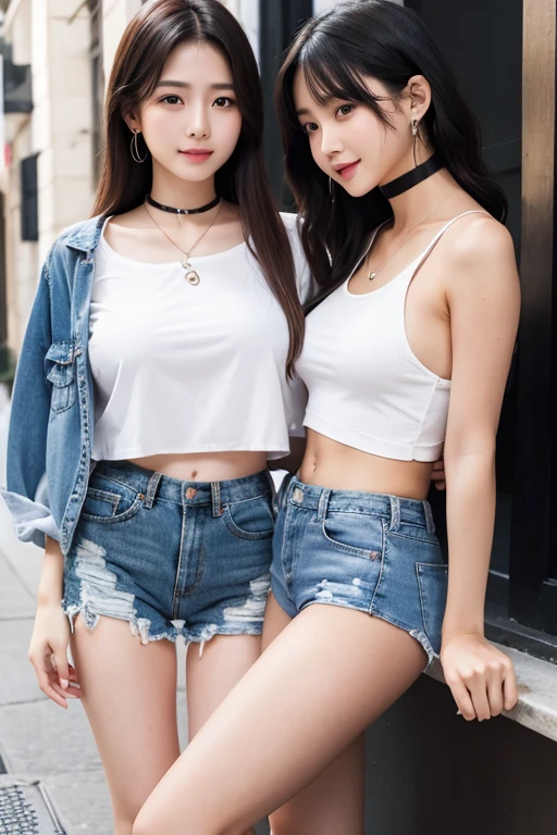 A Japanese Lady　24 year old　Beautiful breasts　Low Cut Camisole　Navel out　Short camisole　Raise both hands　Armpit　Torn denim shorts that open both legs　Shabby denim shorts　stomach　The background is an old brick fence --auto