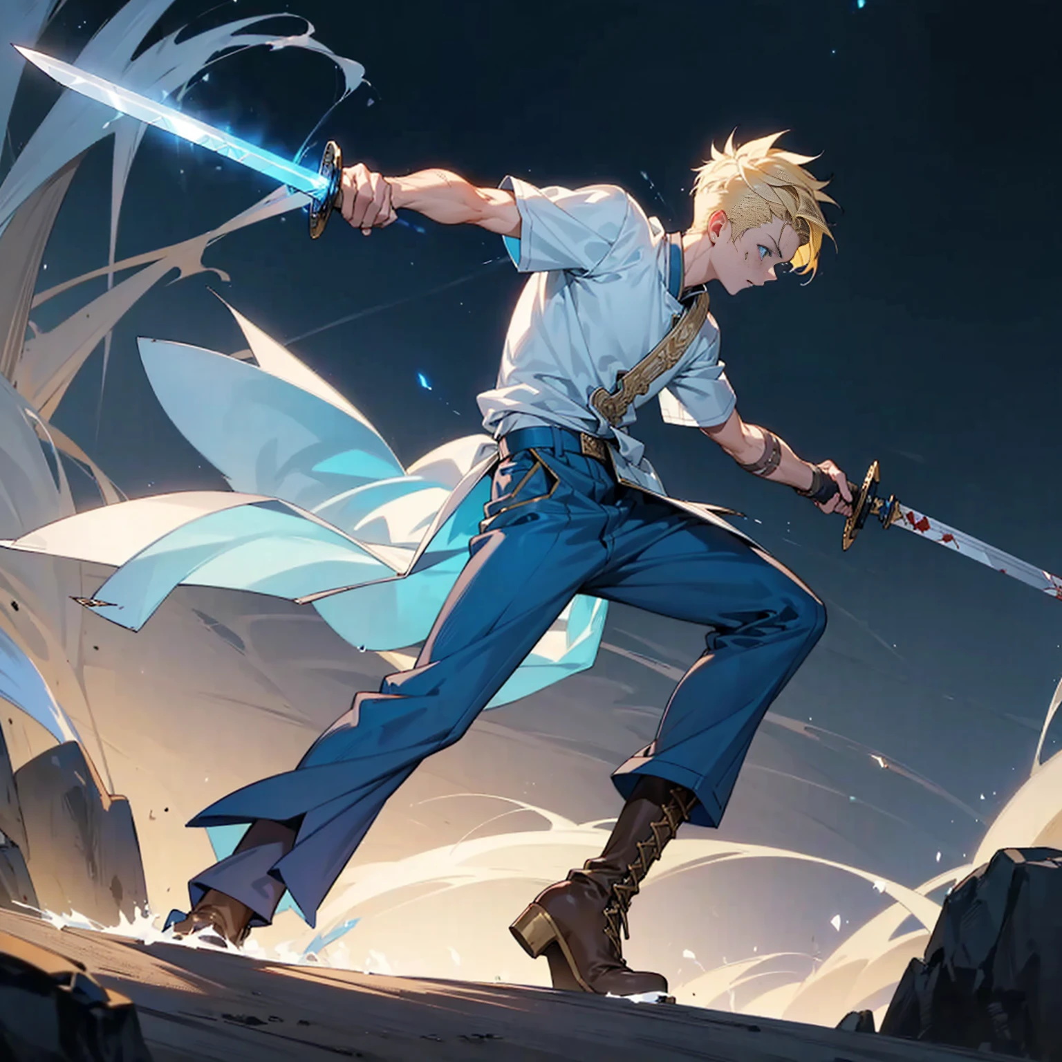 1character, Full body version, Viking boys, 1boys, albino skins, blue eyes, faux hawk hair, blonde colour hair, blue short sleeve shirt, blue trousers, boots, His clothes were full of blood, his face was flowing with blood, his hands were bleeding, he had wounds, his face was bleeding, his body was bleeding, ((long sword in hand, in a fighting pose, the long sword emits blue light, lightning flashes in the blade)), Grassroots, full background in a wide field, gusts of wind, the silhouette of moonlight, the moon, at night, the stars in the night sky
