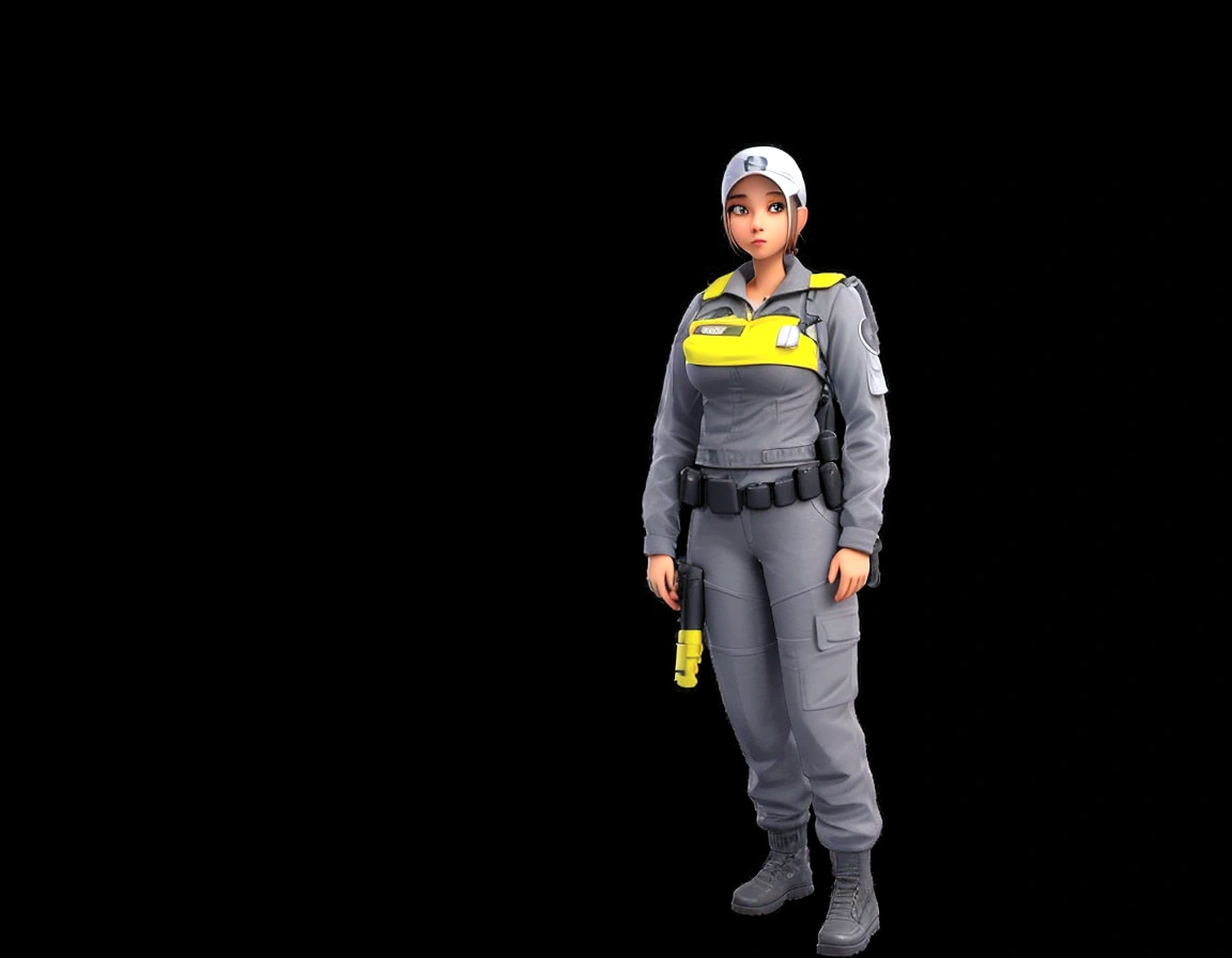 Slim woman, gray uniform, white cap, gun in hand, transparent image background