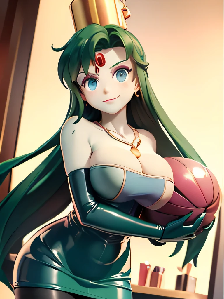 (masterpiece,best quality,ultra-delicate,Perfect Face,16k,high resolution,very beautiful woman), Atsugessho:1.3,deep green hair,blue latex bodycon dress, long latex gloves, green tights, (huge breasts), gold headpiece, pale blue skin, red gem on forehead, pink mist, ((cosmetics counter)), holding large red ball on rope, necklace, smirk, (extremely glossy)