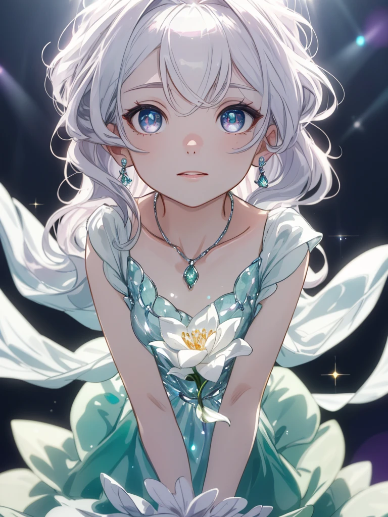 masterpiece, highest quality, figure, alexandrite eyes and hair, platinum earrings, Platinum Necklace, white dress, The Little Mermaid, cute, (dynamic lighting:1.2), cinematic lighting, delicate features, fine eyes, sharp pupils, realistic student, Depth of bounds written, Bokeh, sharp focus, (very detailed, bloom, shine:1.4), Many Small Gems, on all fours