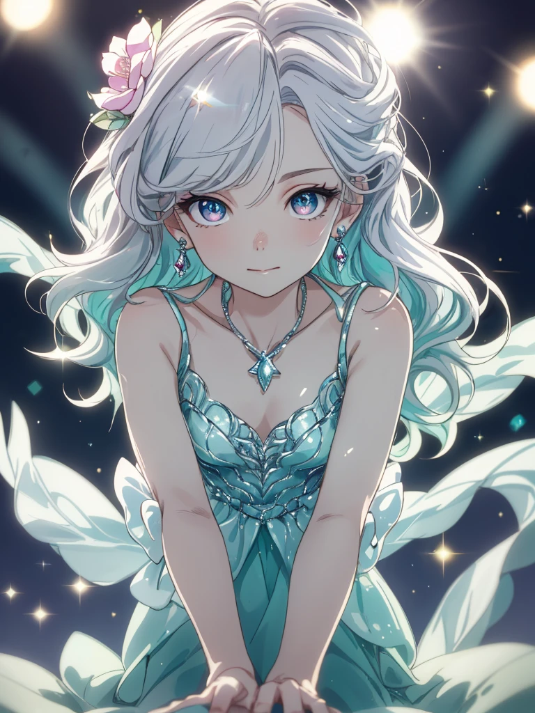 masterpiece, highest quality, figure, alexandrite eyes and hair, platinum earrings, Platinum Necklace, white dress, The Little Mermaid, cute, (dynamic lighting:1.2), cinematic lighting, delicate features, fine eyes, sharp pupils, realistic student, Depth of bounds written, Bokeh, sharp focus, (very detailed, bloom, shine:1.4), Many Small Gems, on all fours