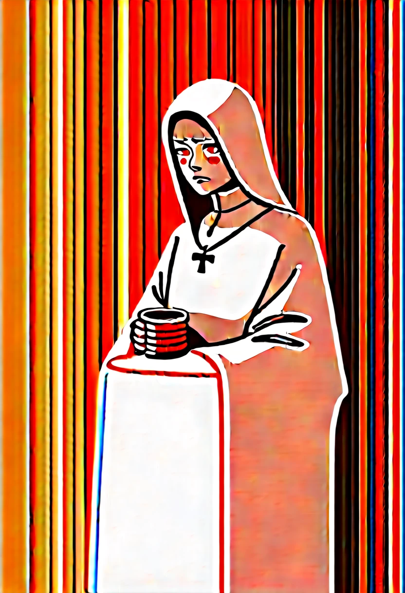 Adult female, average Height, very short brown nair, red eyes, cleric, black on white cleric robes, blushing, tsundere, sad, drunk, drinking from tankard, sitting, fantasy tavern, highly detailed, good detail, best detail, high quality, perfect eyes, looking away, perfect face