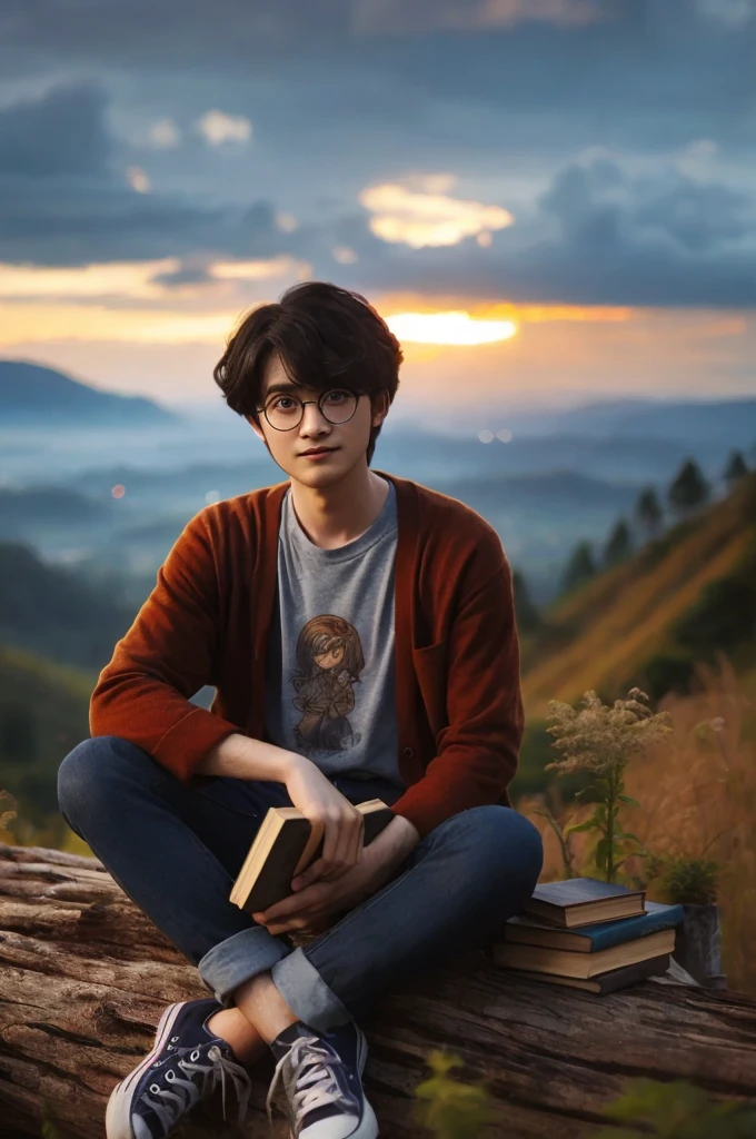 arafed young man sitting on a log with a book and a book, high quality portrait, realistic portrait photo, harry potter portrait, matte painting portrait shot, book portrait, inspired by Rudy Siswanto, mid shot portrait, artwork in the style of guweiz, portrait of harry potter, highly realistic photo, photorealistic human goku, portrait shot