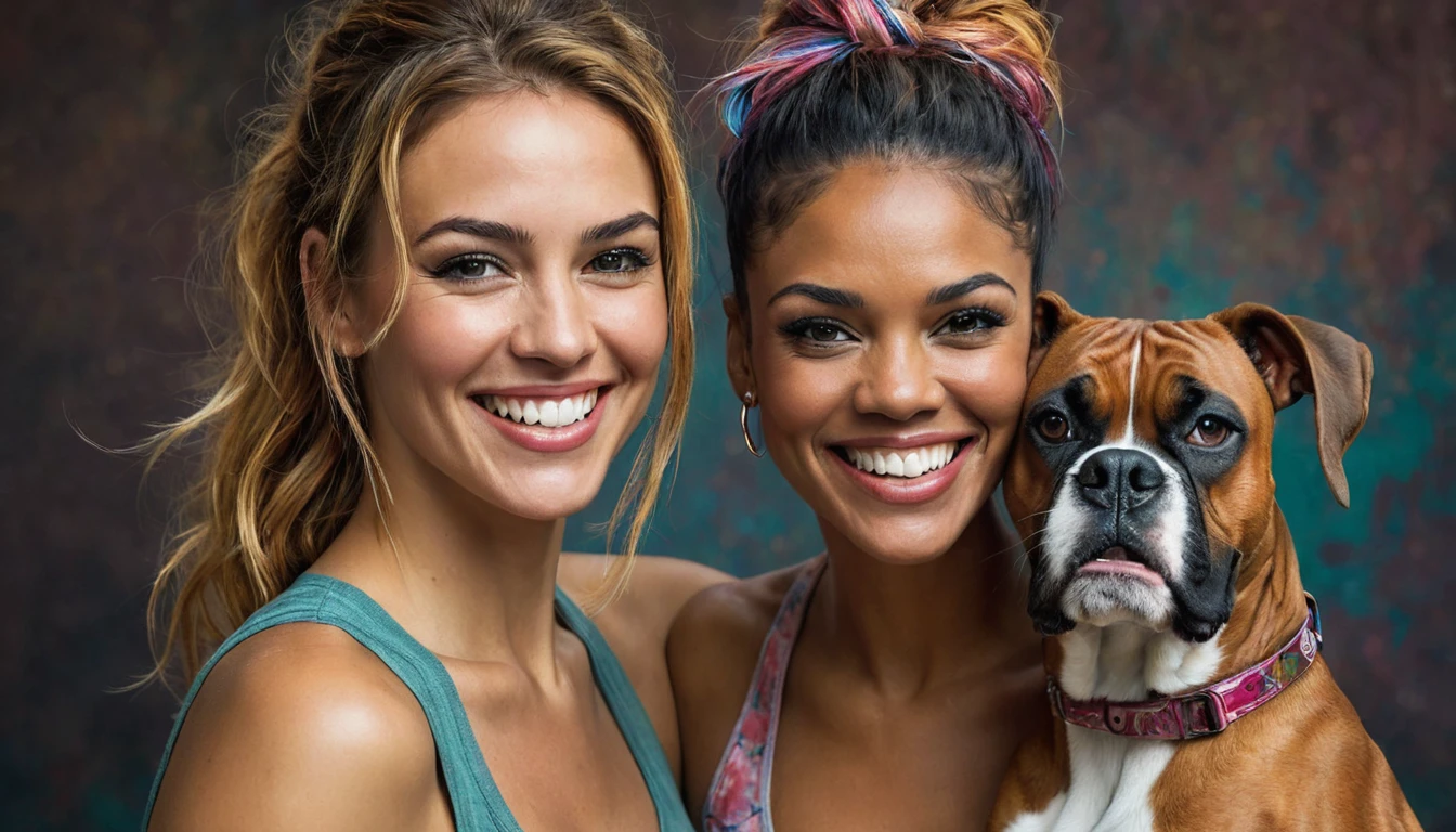 half  body,
a woman smile  with her best friend her Boxer,
dark complex background, style by Thomas Kinkade+David A. Hardy+Carne Griffiths+Mandy Disher half vivid colors fine art, best quality, high detailed, detailed faces, 2d,