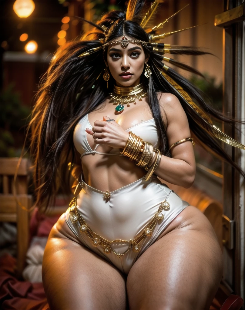 Beautiful Cherokee Indian woman with beautiful terracotta colored headdresses, blackw, doradas, cobre, Pearl, white and beige, feathers made of bright neon of various colors, flares on camera, bokeh, full moon night